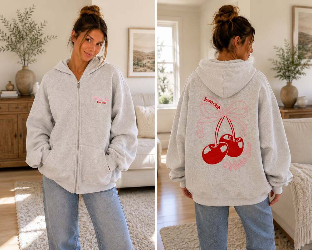 White Fox Love Club Cherry Bow Zip Up Hoodie Heather Grey Size Medium